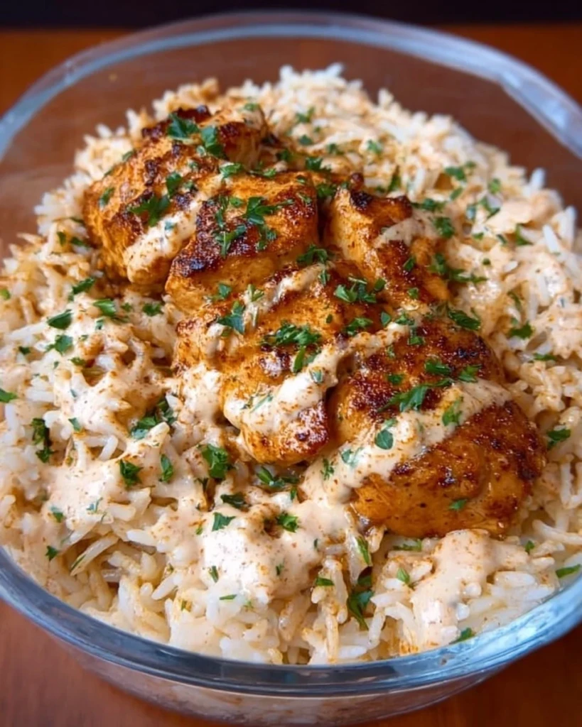 High Protein Creamy Cajun Chicken with Rice dish served in a bowl