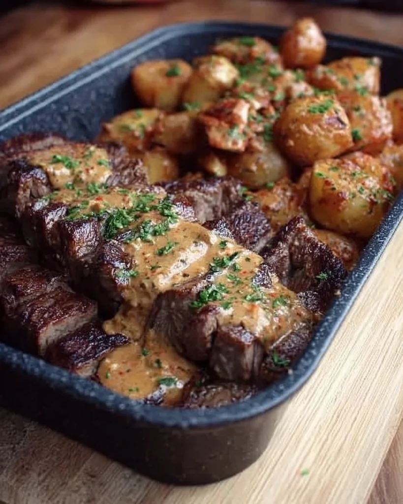 Delicious creamy chipotle steak served with savory potatoes