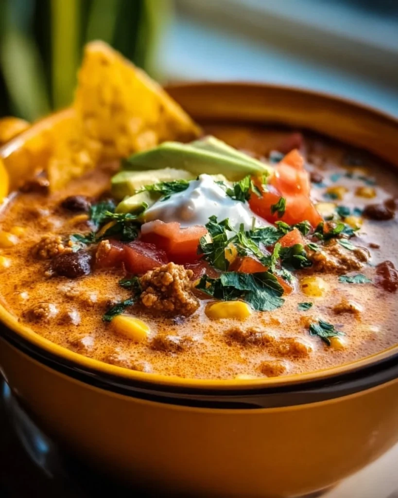 Bowl of high protein creamy taco soup garnished with fresh cilantro and avocado
