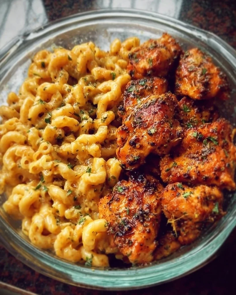 High-protein honey garlic butter chicken with a side of creamy mac & cheese