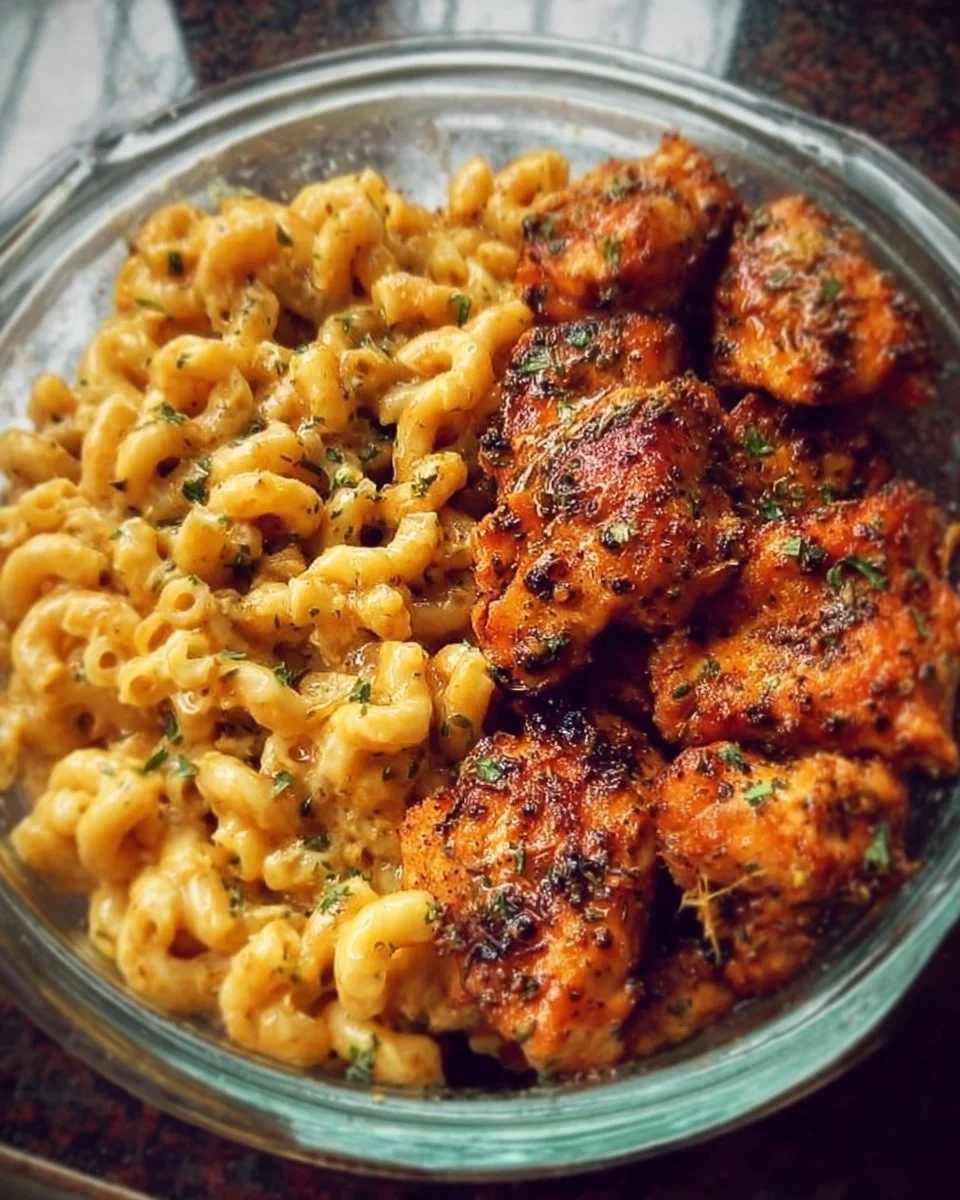 High-protein honey garlic butter chicken with a side of creamy mac & cheese