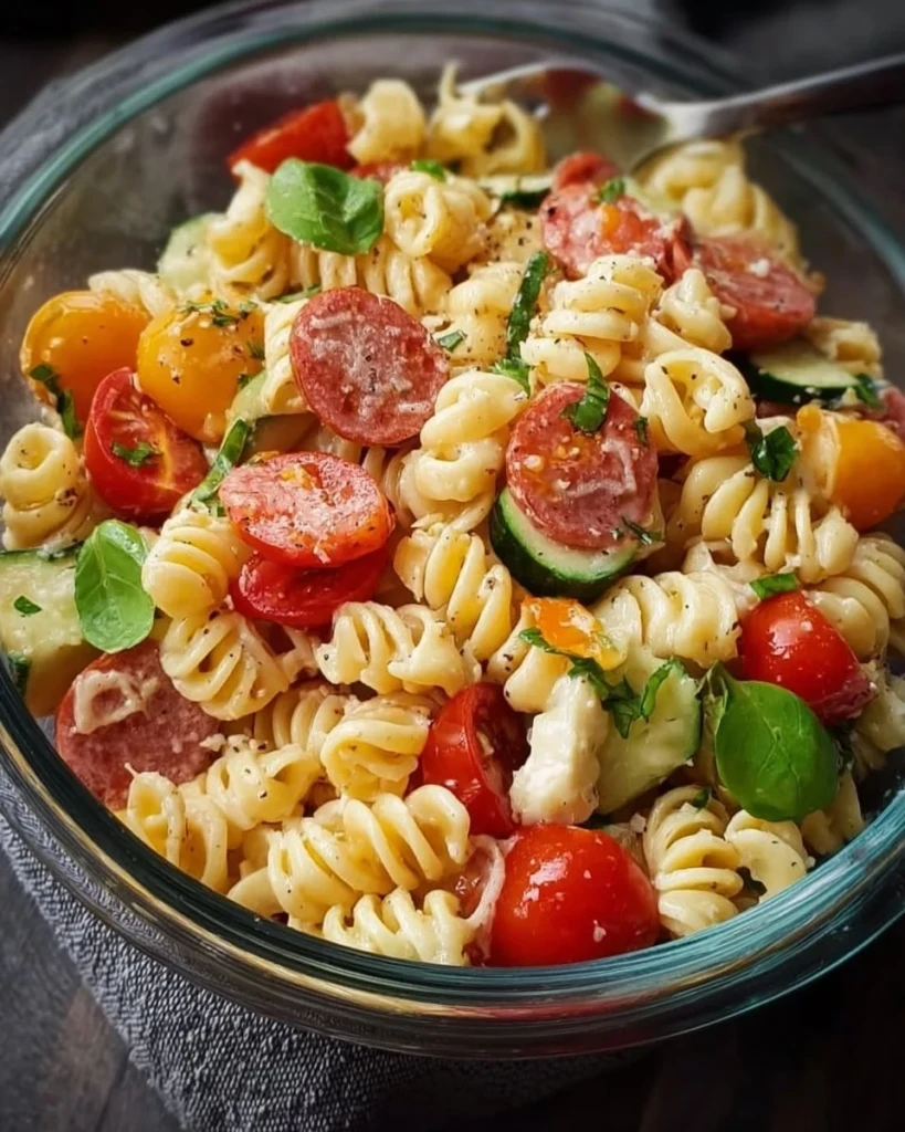 High-protein Italian pasta salad with fresh vegetables and dressing