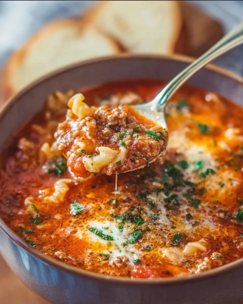 Bowl of high protein lasagna soup with herbs and cheese topping