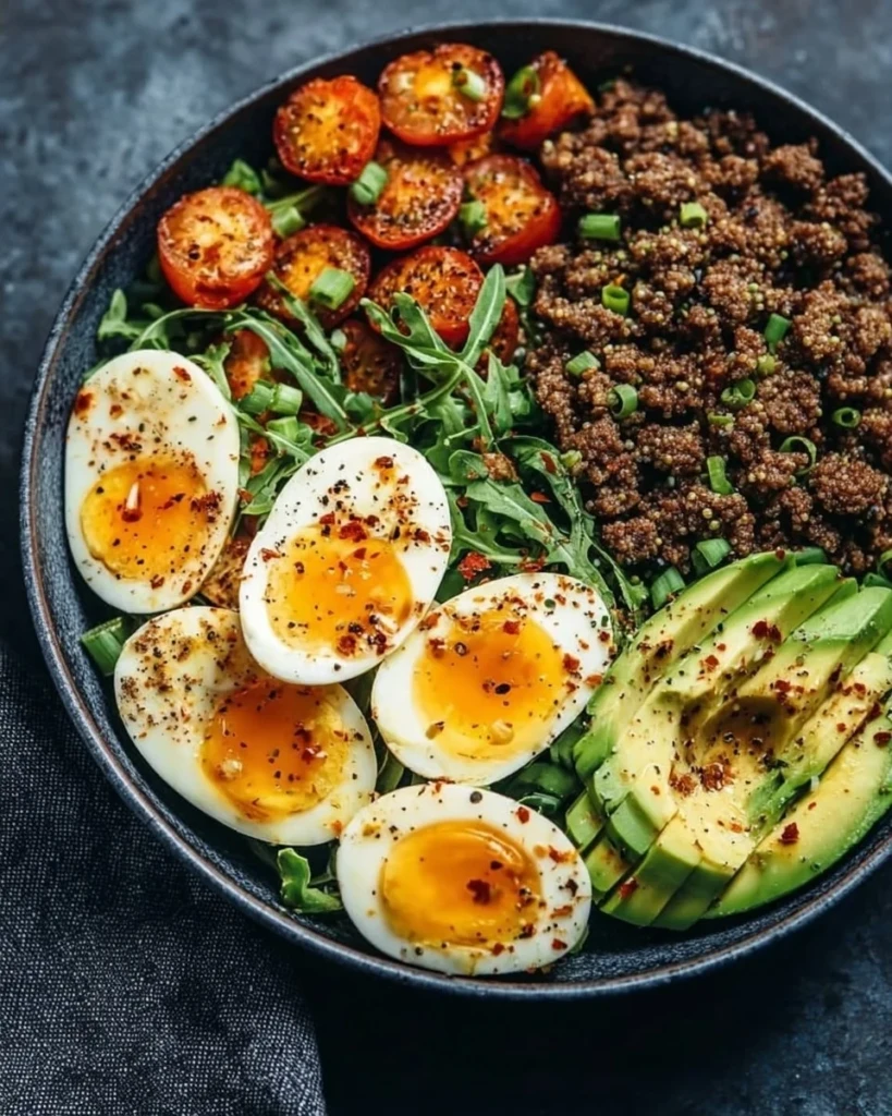 High protein low carb power bowl with fresh ingredients and vibrant colors