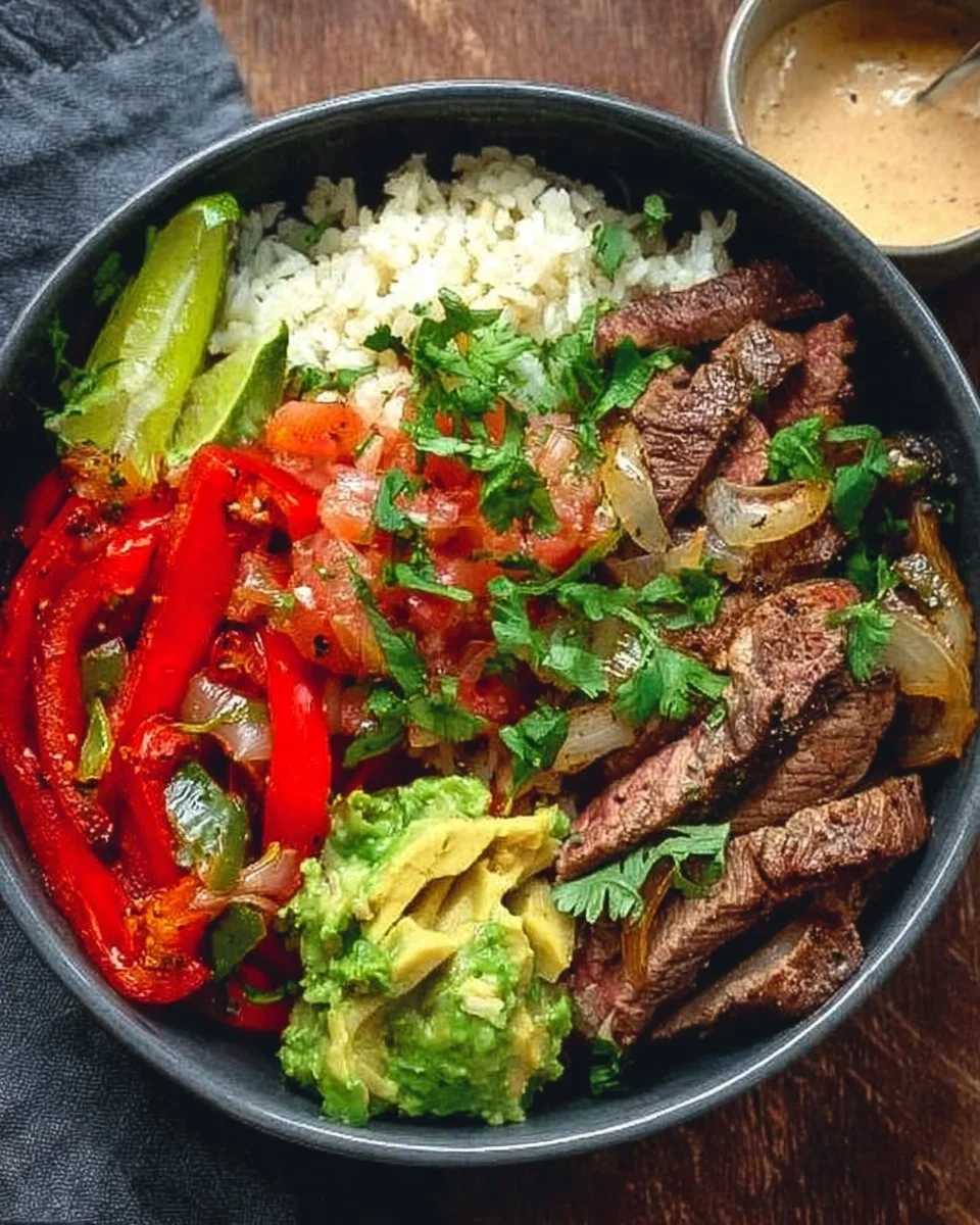 High protein steak fajita bowl with colorful vegetables and spices