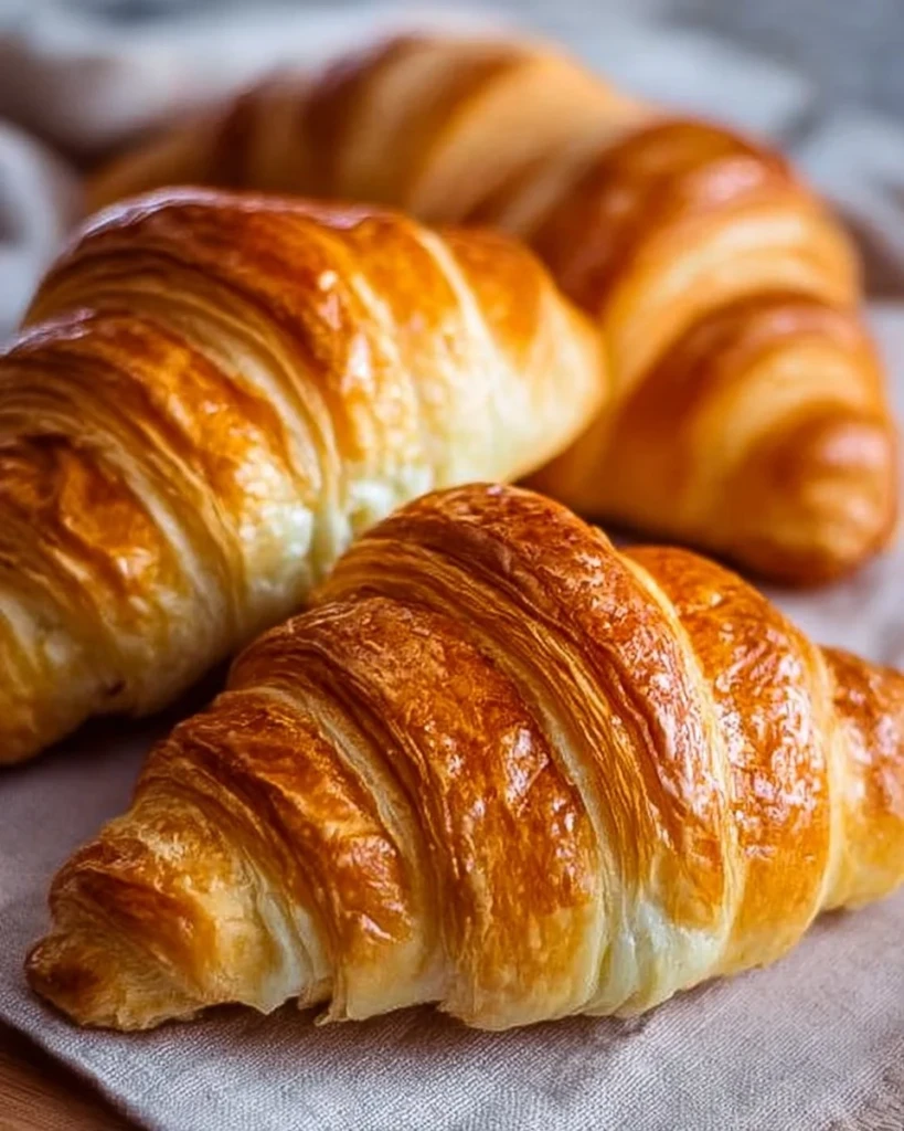 Freshly baked homemade croissants on a rustic wooden table.