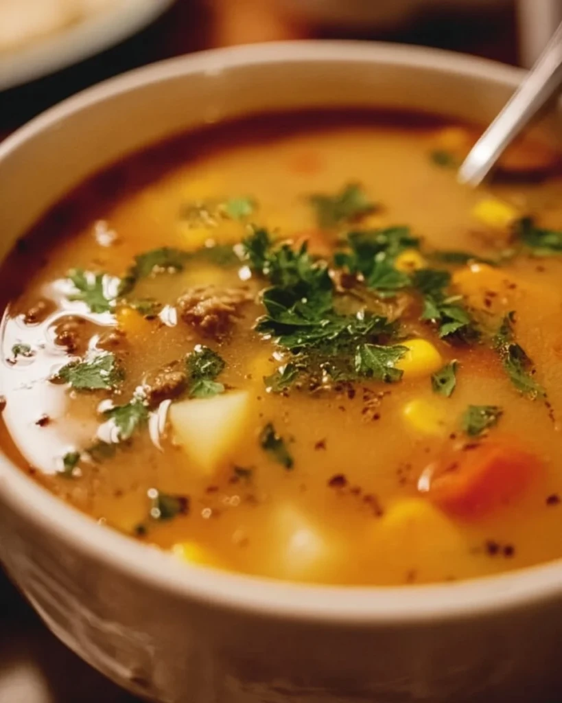 Bowl of homemade soup with fresh vegetables and herbs