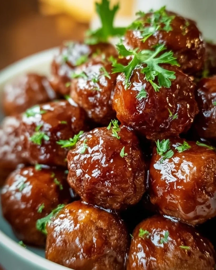 Honey BBQ crockpot meatballs served on a platter