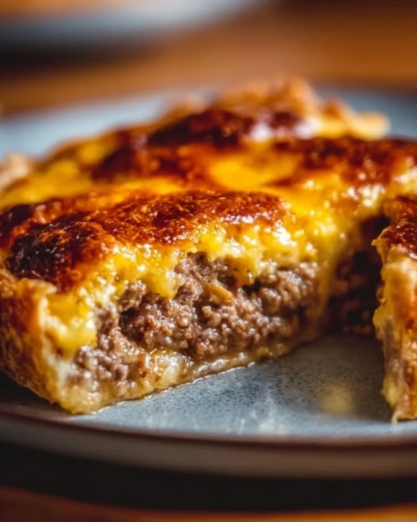 Delicious homemade cheeseburger pie served in a slice on a plate