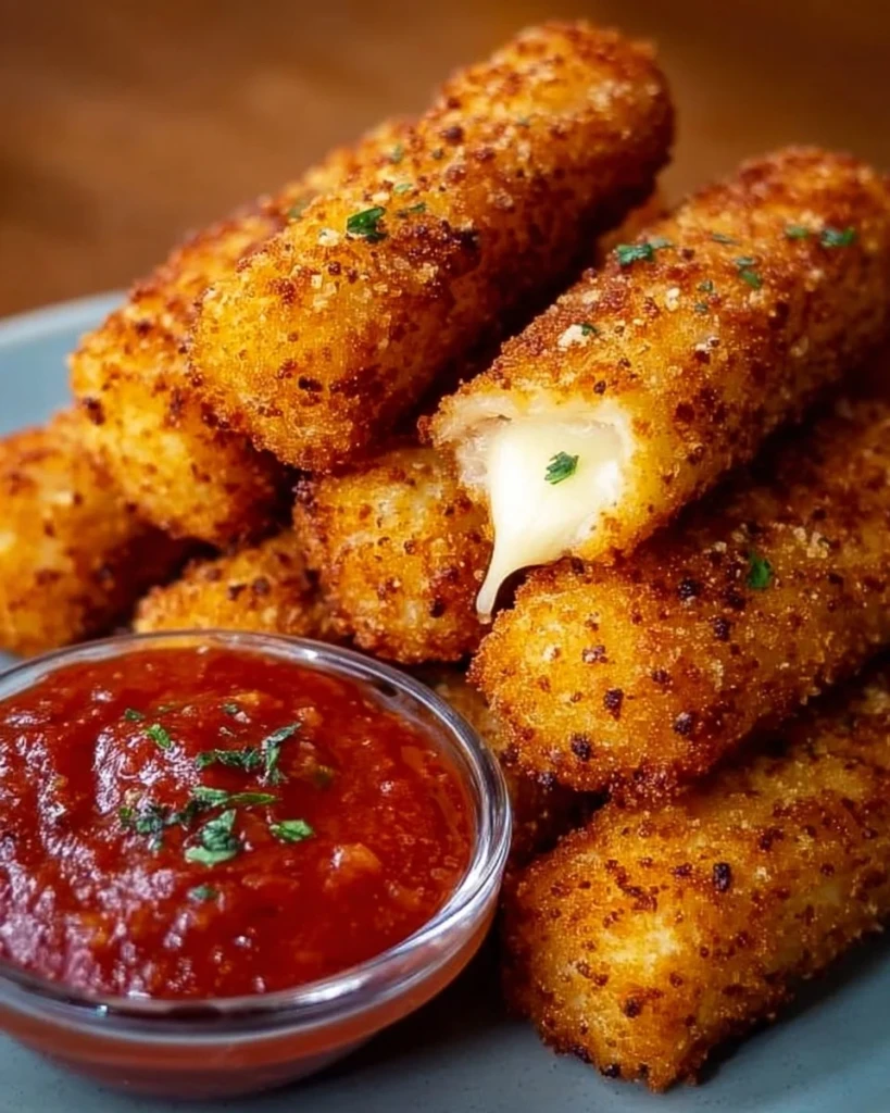 Homemade crispy mozzarella sticks ready to serve with marinara sauce