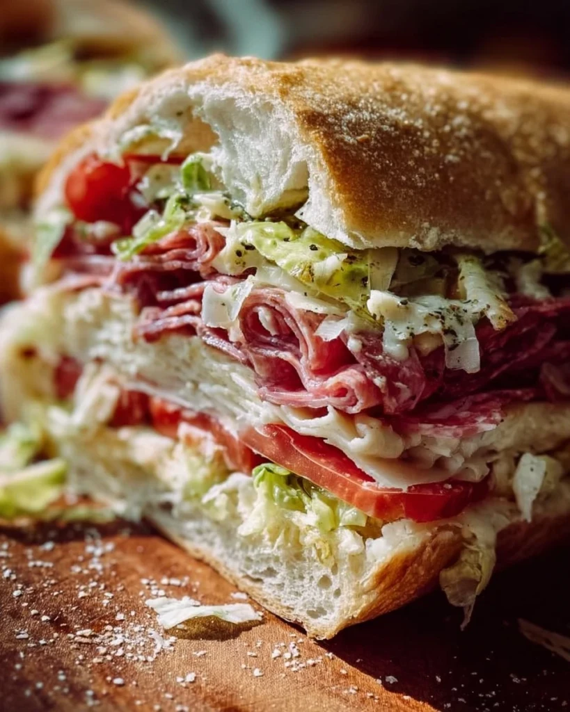 Delicious Italian Grinder Salad Sandwich loaded with fresh vegetables and Italian meats.
