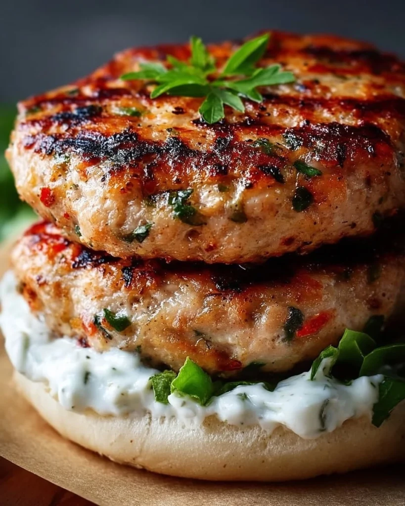 Juicy Greek Chicken Burgers served with refreshing Tzatziki sauce