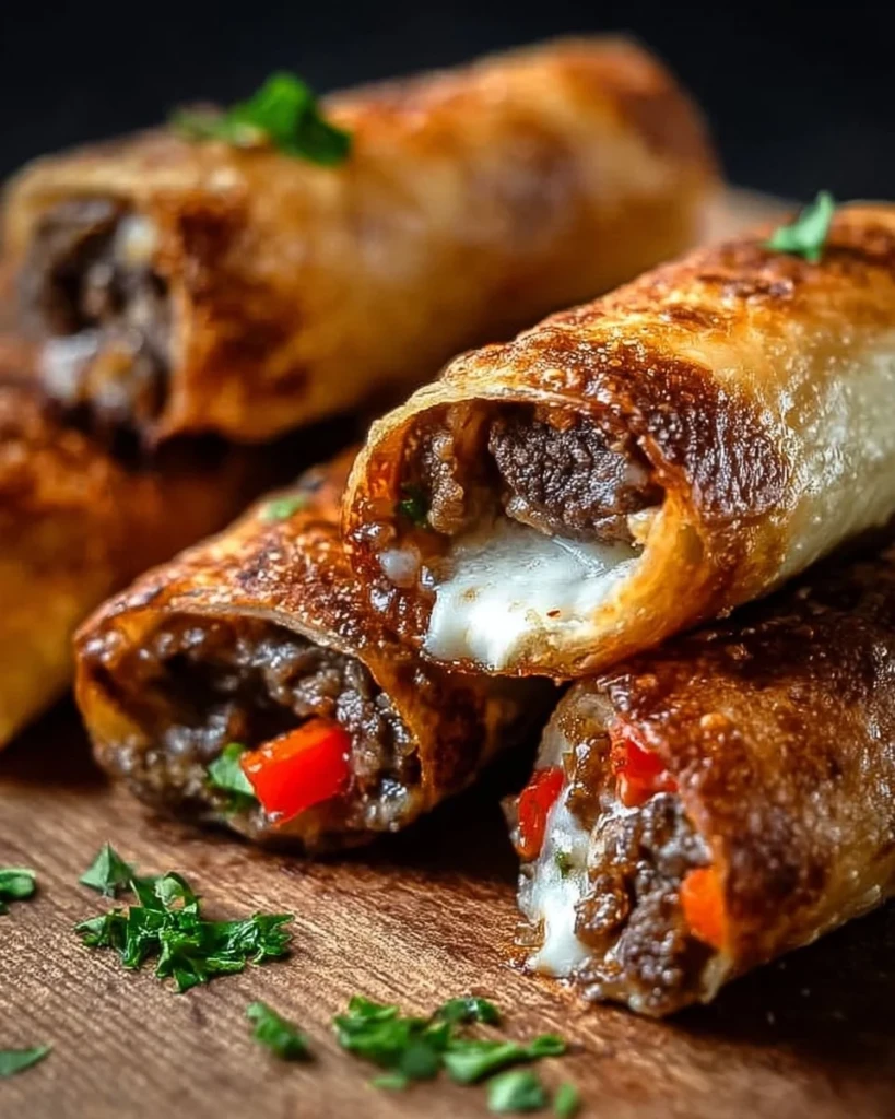 Keto Philly Cheesesteak Roll Ups on a platter with melted cheese and peppers
