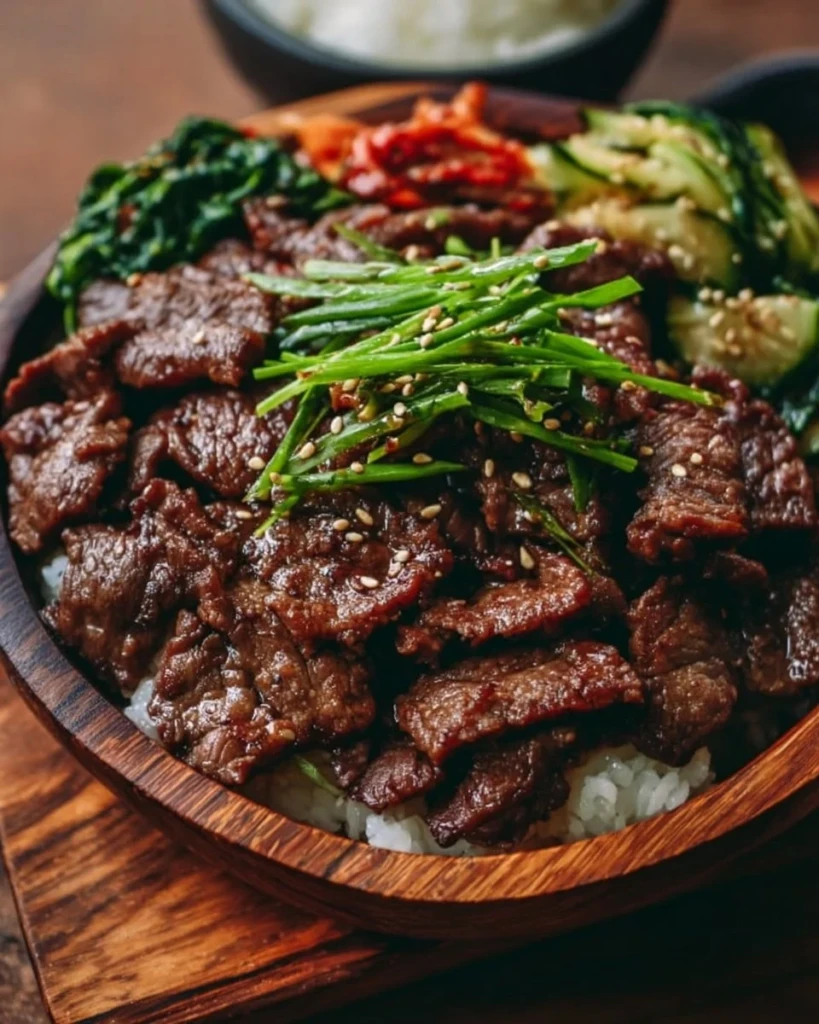 Delicious Korean beef bulgogi served on a plate with rice and vegetables