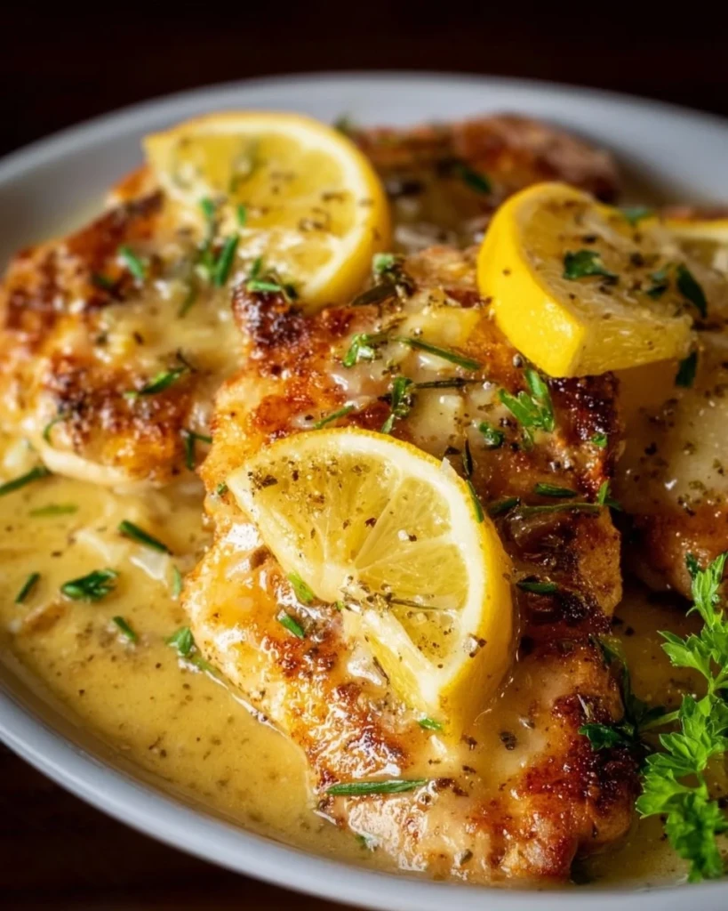 Plate of lemon chicken drizzled with lemon butter sauce