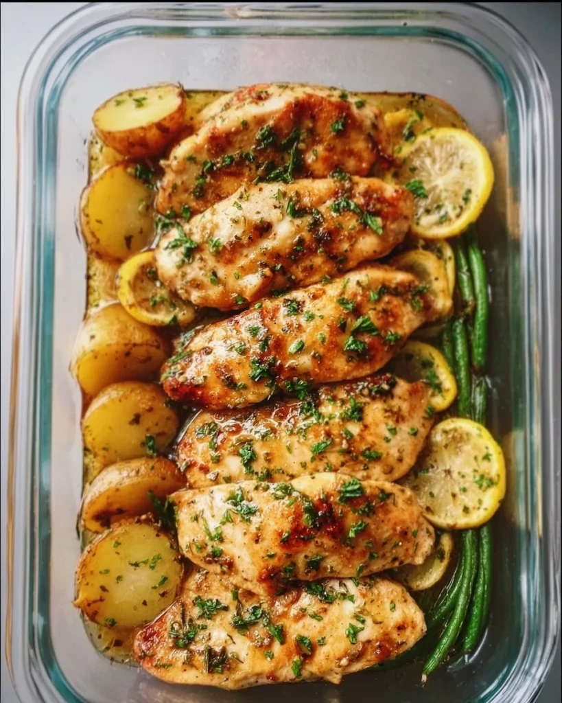 Healthy Lemon Garlic Chicken meal prep in a meal container with vegetables