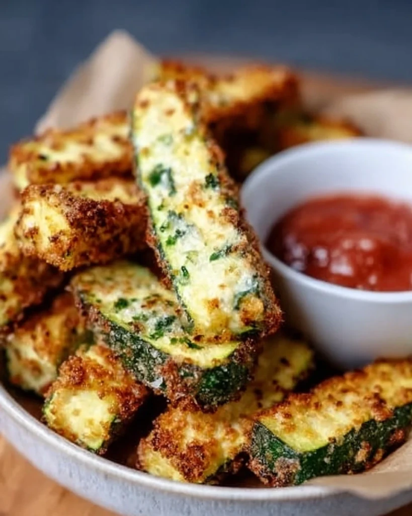 Crispy low-calorie air fryer zucchini fries served in a bowl
