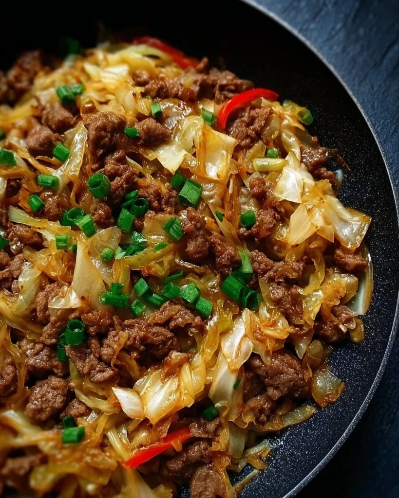 Low-carb beef and cabbage stir-fry on a plate with colorful ingredients
