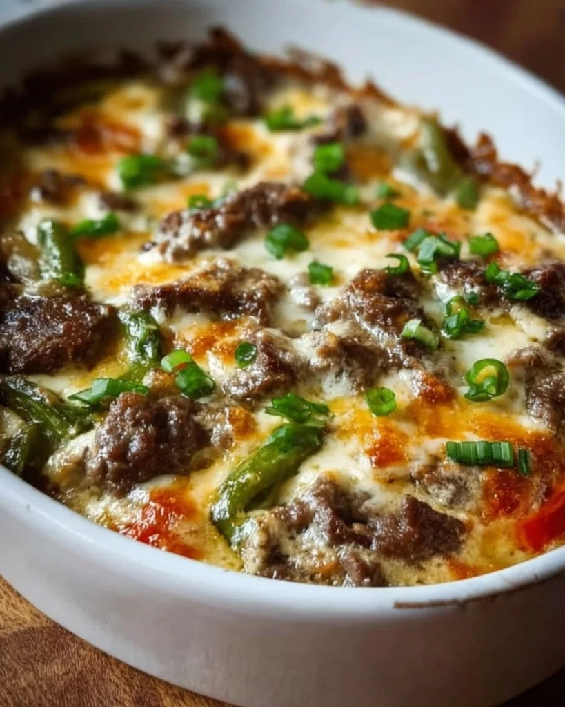 Low Carb Philly Cheesesteak Casserole baked with melted cheese and peppers