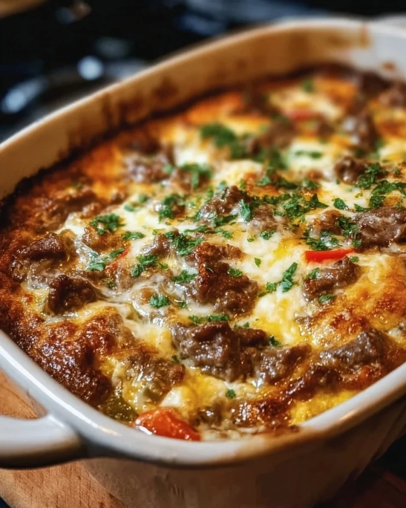 Low carb Philly cheesesteak casserole topped with melted cheese and peppers