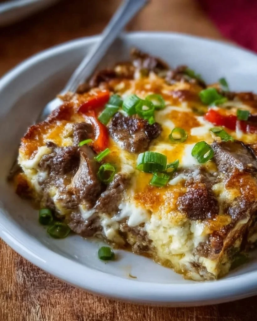 Low Carb Philly Cheesesteak Casserole with beef, peppers, and cheese