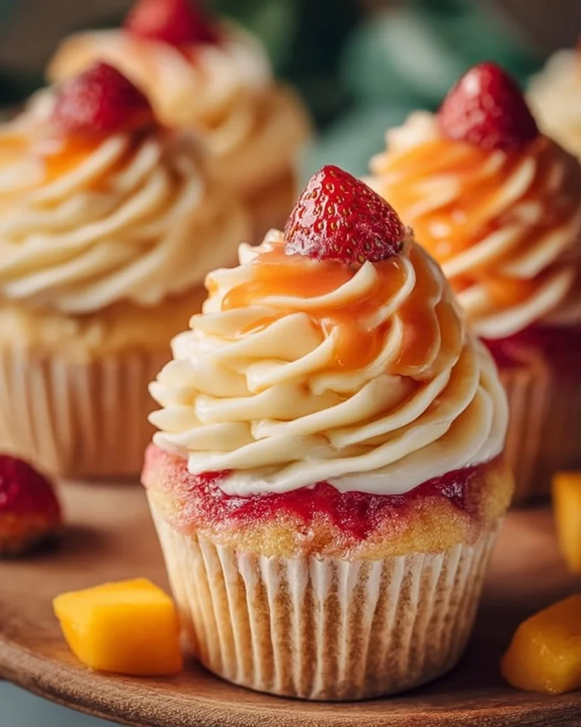 Mango Strawberry Sunset Cupcakes topped with fresh fruit and frosting