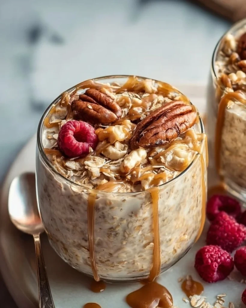 Bowl of Maple Brown Sugar Overnight Oats topped with fresh fruits