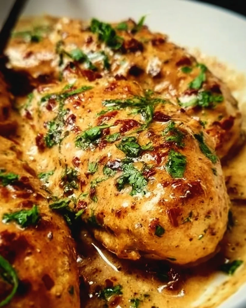 Delicious Marry Me Chicken served with creamy sauce and herbs