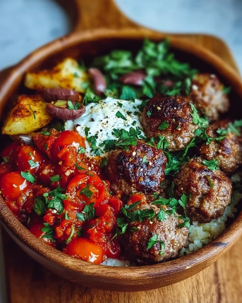 Mediterranean Beef Meatball Bowl with fresh ingredients and savory beef meatballs