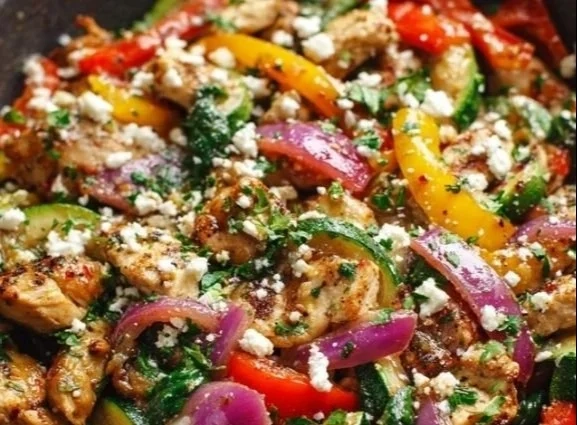Mediterranean Chicken Stir Fry served with colorful vegetables and spices