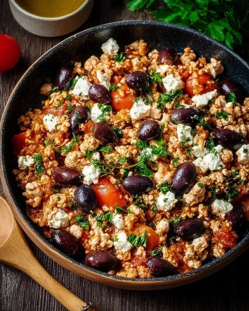 Mediterranean Keto Skillet with ground chicken, olives, and feta cheese