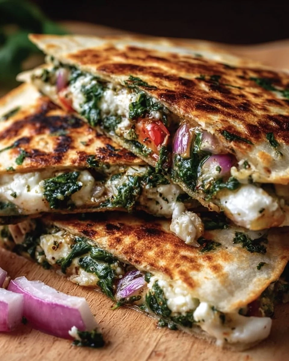 Delicious Mediterranean quesadillas with spinach, feta, mozzarella, and red onion