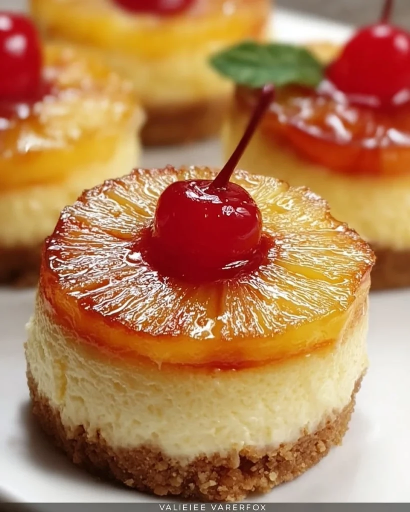 Mini Pineapple Upside-Down Cheesecakes served with caramelized pineapple on top