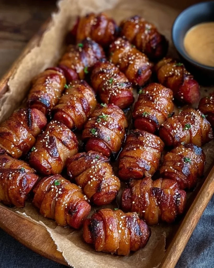 Plate of Mustard Hasselback Kielbasa Bites garnished with mustard sauce