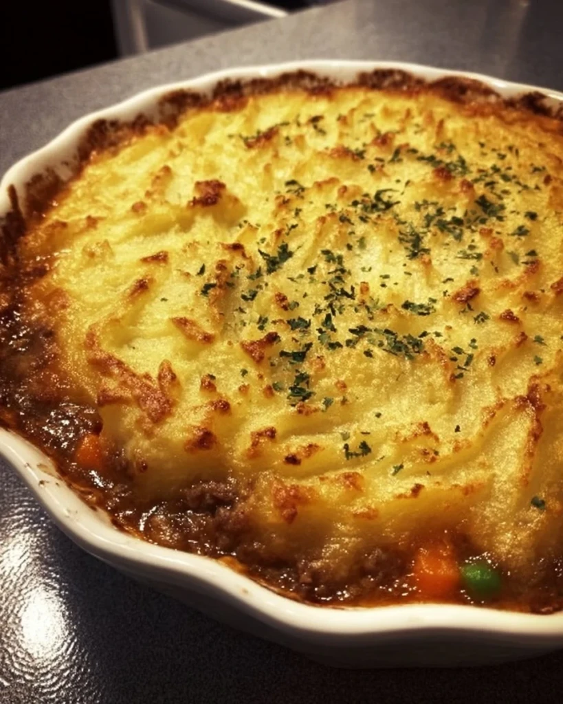 A serving of homemade Shepherd's Pie with a golden crust and fresh herbs on top.