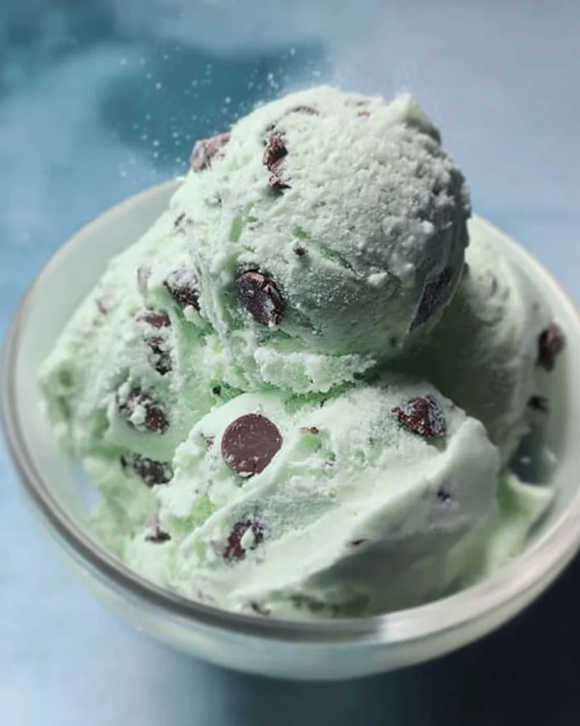 Ninja Creami Mint Chocolate Chip Protein Ice Cream in a bowl with a mint garnish