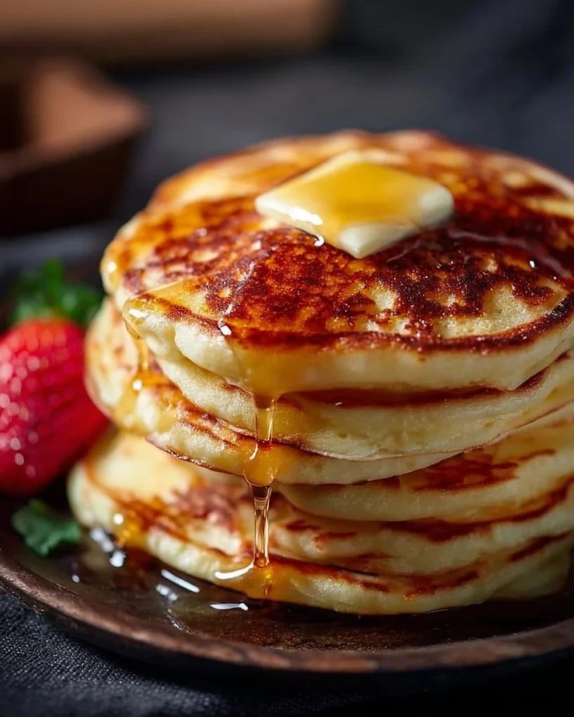 Stack of fluffy old fashioned pancakes drizzled with maple syrup