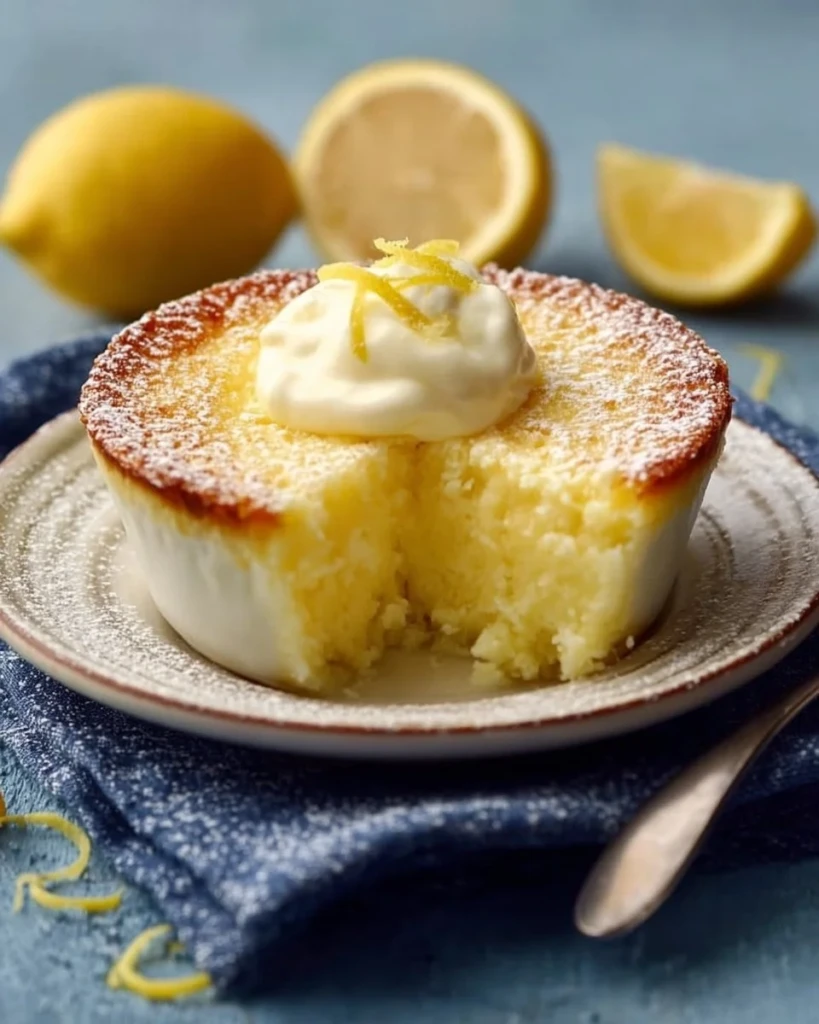 Delicious one-bowl lemon dessert served in a dish with lemon slices on top.