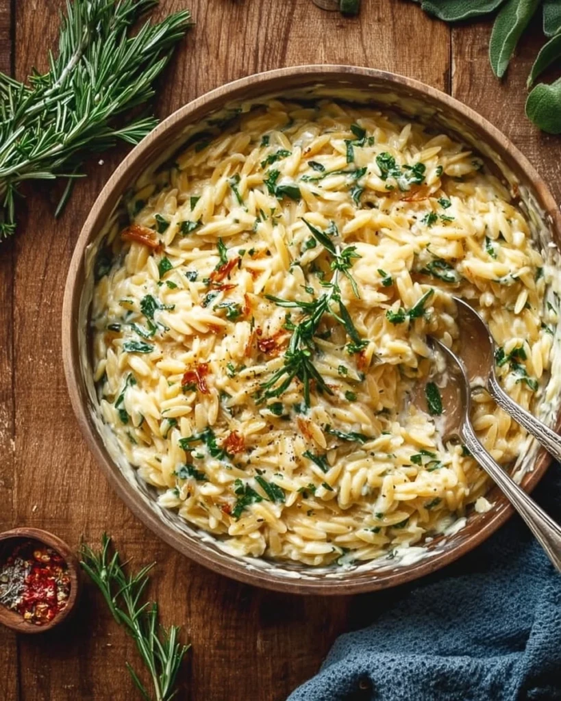 Creamy One-Pan Boursin Orzo dish ready to serve for weeknight dinner