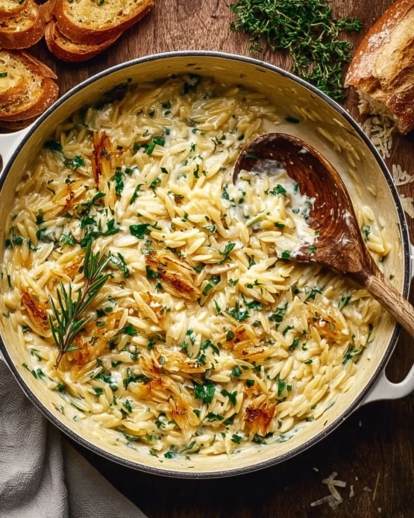 Creamy One-Pan Boursin Orzo dish ready to serve for dinner