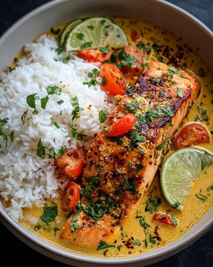 One-pan coconut curry salmon dish with garlic butter served on a plate