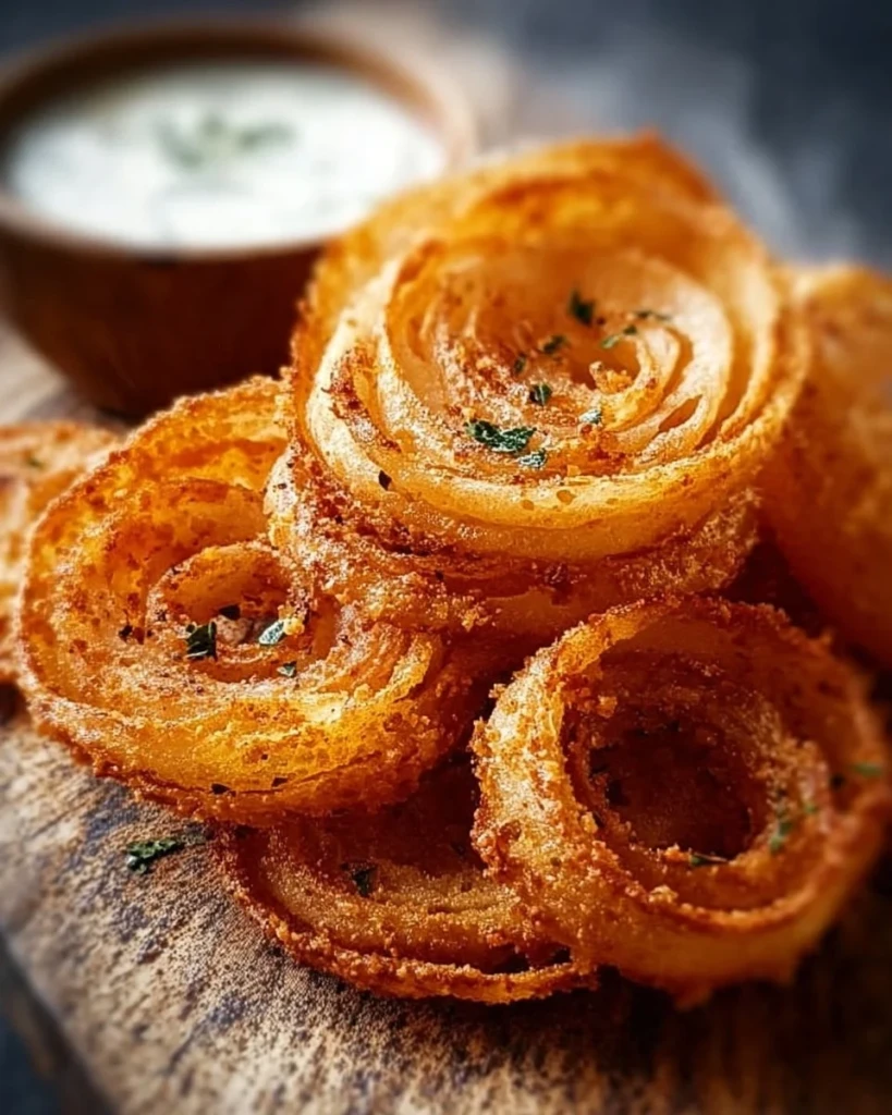 A plate of crispy onion ring chips served with dipping sauce