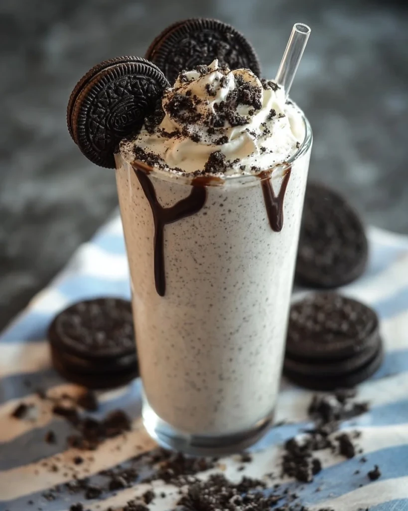 Delicious Oreo Milkshake in a glass topped with whipped cream and crushed Oreos