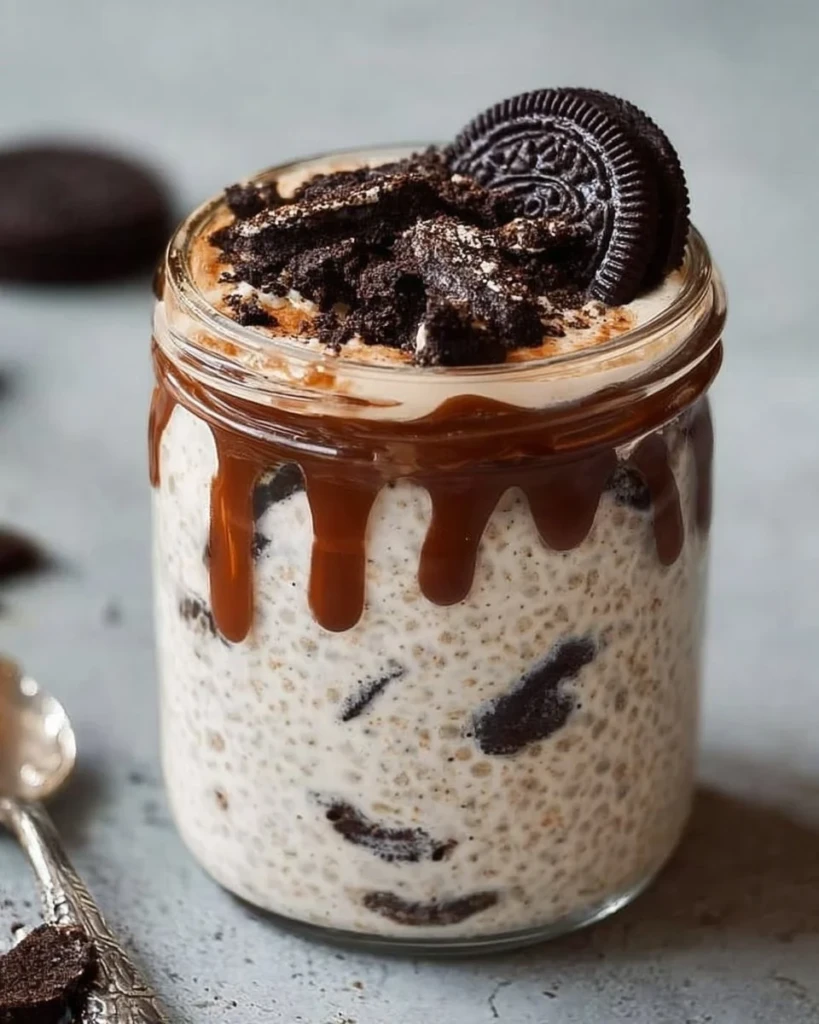 Delicious bowl of OREO overnight oats with cookies and chocolate topping