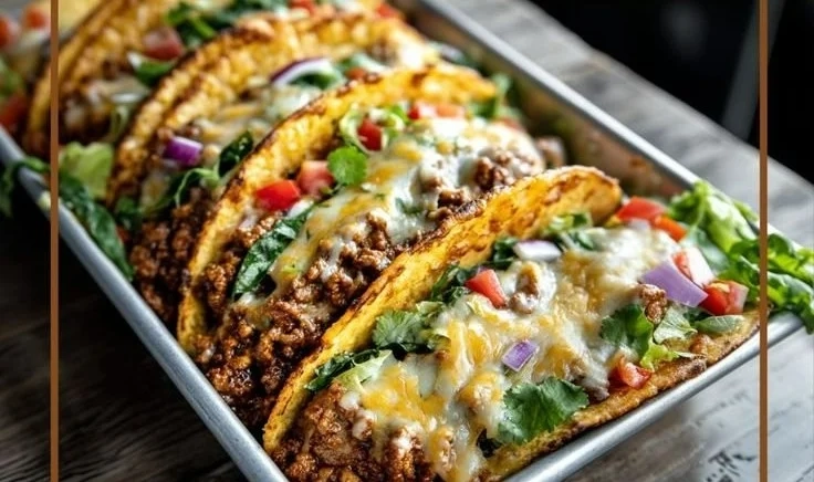 Oven-baked cheesy tacos topped with ingredients, crispy and delicious.