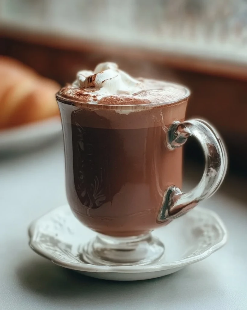 A cup of rich Parisian hot chocolate topped with whipped cream and a sprinkle of cocoa.