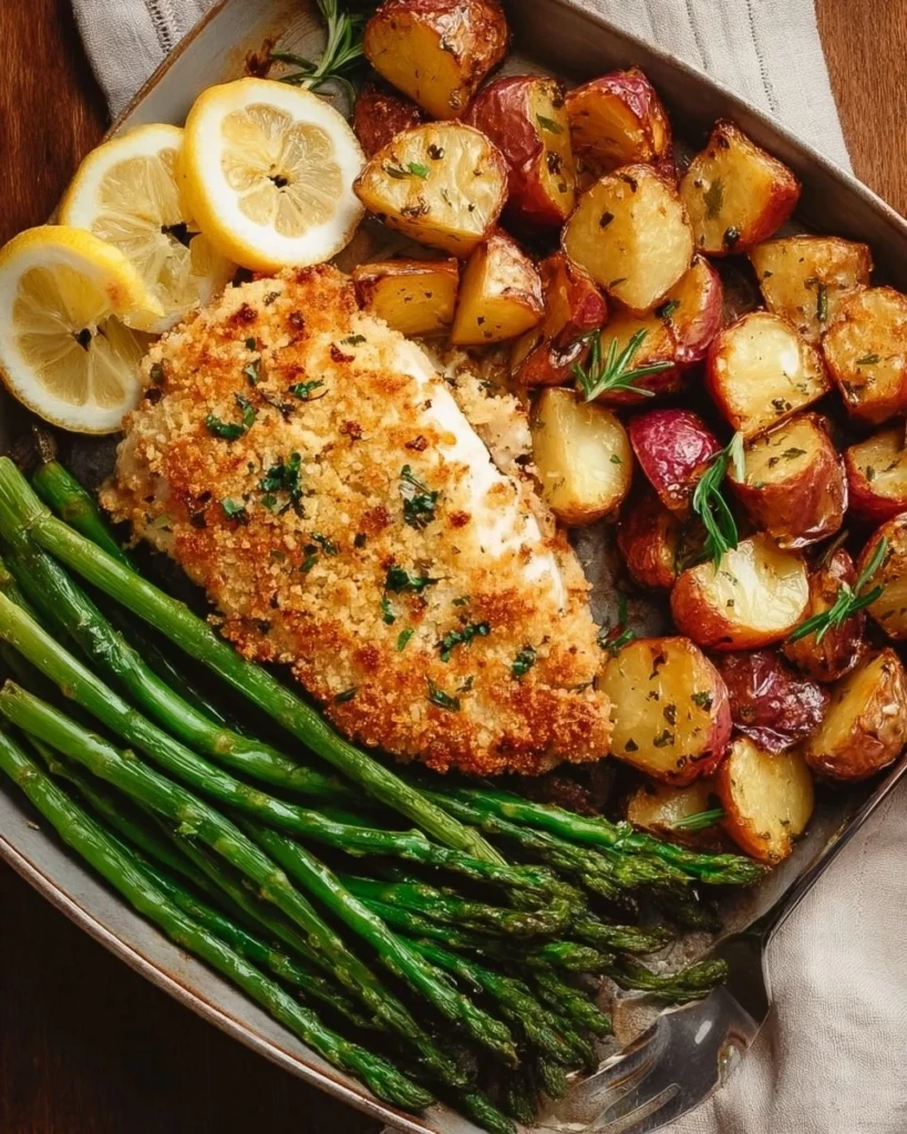 Parmesan Crusted Chicken Sheet Pan Dinner with roasted vegetables