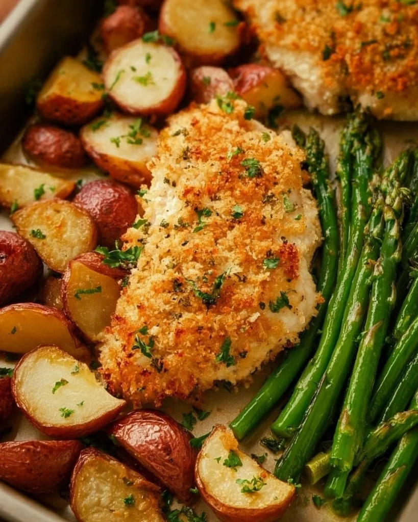 Parmesan Crusted Chicken on a sheet pan with roasted vegetables