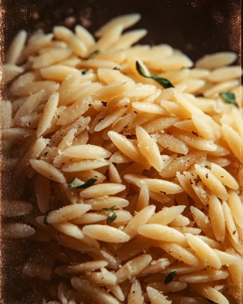 Serving of creamy Parmesan Orzo in a bowl with fresh herbs