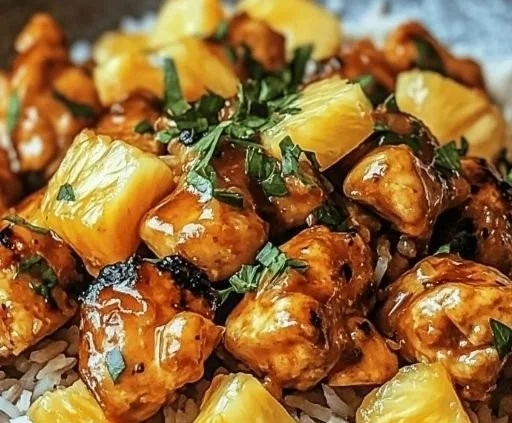 Pineapple chicken served with rice, showcasing a sweet and savory dish.